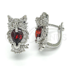White Gold Filled Hoop Earrings — Huggie Hoop Owl Design with Garnet and White — main product view — SKU 122609 | Oro Laminado Blanco aretes de aro — Huggie Hoop Owl diseño with Garnet and blanco — SKU 122609