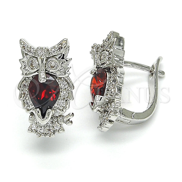 White Gold Filled Hoop Earrings — Huggie Hoop Owl Design with Garnet and White — main product view — SKU 122609 | Oro Laminado Blanco aretes de aro — Huggie Hoop Owl diseño with Garnet and blanco — SKU 122609