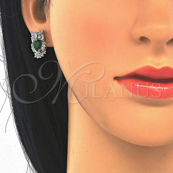 White Gold Filled Hoop Earrings — Huggie Hoop Owl Design with Green and White — alternate product view — SKU 122610 | Oro Laminado Blanco aretes de aro — Huggie Hoop Owl diseño with Green and blanco — SKU 122610