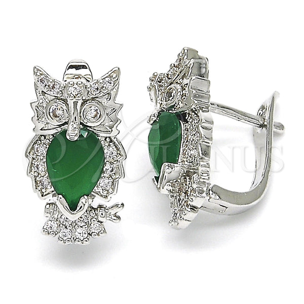 White Gold Filled Hoop Earrings — Huggie Hoop Owl Design with Green and White — main product view — SKU 122610 | Oro Laminado Blanco aretes de aro — Huggie Hoop Owl diseño with Green and blanco — SKU 122610