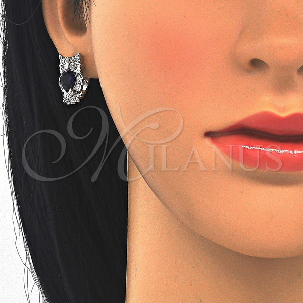 White Gold Filled Hoop Earrings — Huggie Hoop Owl Design with Sapphire Blue and — alternate product view — SKU 122611 | Oro Laminado Blanco aretes de aro — Huggie Hoop Owl diseño with Sapphire Blue and — SKU 122611