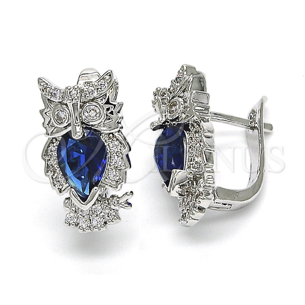 White Gold Filled Hoop Earrings — Huggie Hoop Owl Design with Sapphire Blue and — main product view — SKU 122611 | Oro Laminado Blanco aretes de aro — Huggie Hoop Owl diseño with Sapphire Blue and — SKU 122611