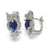Rhodium Plated Huggie Hoop, Owl Design, with Sapphire Blue and White Cubic Zirconia, Polished, Rhodium Finish, 02.210.0158.7.15