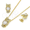 Oro Laminado Earring and Pendant Adult Set, Gold Filled Style Owl Design, with White Cubic Zirconia, Polished, Golden Finish, 10.210.0064