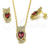 Oro Laminado Earring and Pendant Adult Set, Gold Filled Style Owl Design, with Garnet and White Cubic Zirconia, Polished, Golden Finish, 10.210.0064.1