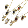 Oro Laminado Earring and Pendant Adult Set, Gold Filled Style Owl Design, with Garnet and White Cubic Zirconia, Polished, Golden Finish, 10.210.0064.1