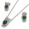 Rhodium Plated Earring and Pendant Adult Set, Owl Design, with Green and White Cubic Zirconia, Polished, Rhodium Finish, 10.210.0064.7