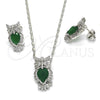 Rhodium Plated Earring and Pendant Adult Set, Owl Design, with Green and White Cubic Zirconia, Polished, Rhodium Finish, 10.210.0064.7