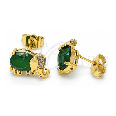 Oro Laminado Stud Earring, Gold Filled Style Elephant Design, with Green Cubic Zirconia and White Micro Pave, Polished, Golden Finish, 02.210.0159.1