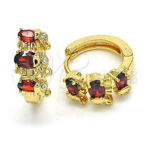Gold Filled Hoop Earrings — Huggie Hoop Elephant Design with Garnet and White — main product view — SKU 122638 | Oro Laminado aretes de aro — Huggie Hoop Elephant diseño with Garnet and blanco — SKU 122638