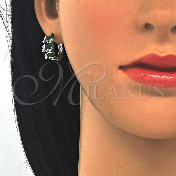 White Gold Filled Hoop Earrings — Huggie Hoop Elephant Design with Green and White — alternate product view — SKU 122641 | Oro Laminado Blanco aretes de aro — Huggie Hoop Elephant diseño with Green and blanco — SKU 122641