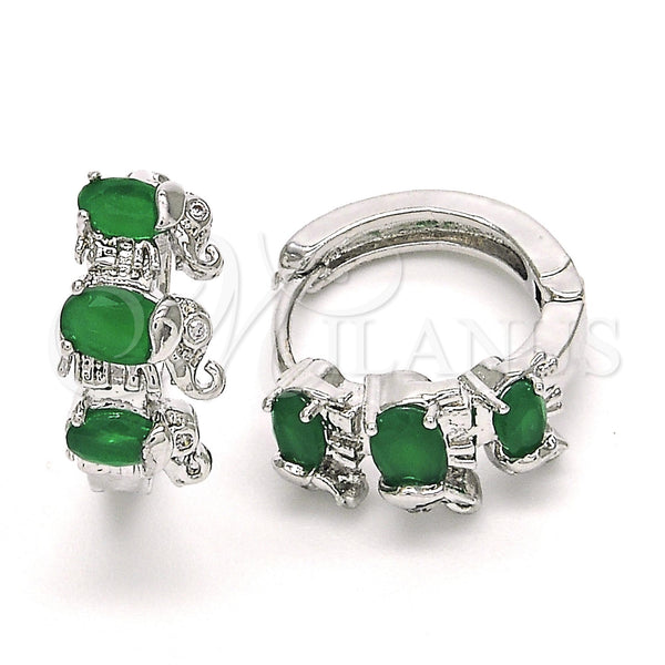 White Gold Filled Hoop Earrings — Huggie Hoop Elephant Design with Green and White — main product view — SKU 122641 | Oro Laminado Blanco aretes de aro — Huggie Hoop Elephant diseño with Green and blanco — SKU 122641