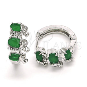 White Gold Filled Hoop Earrings — Huggie Hoop Elephant Design with Green and White — main product view — SKU 122641 | Oro Laminado Blanco aretes de aro — Huggie Hoop Elephant diseño with Green and blanco — SKU 122641