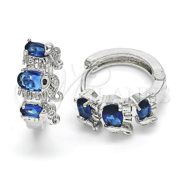 White Gold Filled Hoop Earrings — Huggie Hoop Elephant Design with Sapphire Blue and — main product view — SKU 122642 | Oro Laminado Blanco aretes de aro — Huggie Hoop Elephant diseño with Sapphire Blue and — SKU 122642