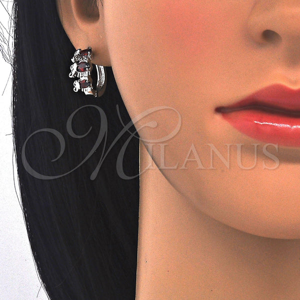 White Gold Filled Hoop Earrings — Huggie Hoop Elephant Design with Garnet and White — alternate product view — SKU 122643 | Oro Laminado Blanco aretes de aro — Huggie Hoop Elephant diseño with Garnet and blanco — SKU 122643