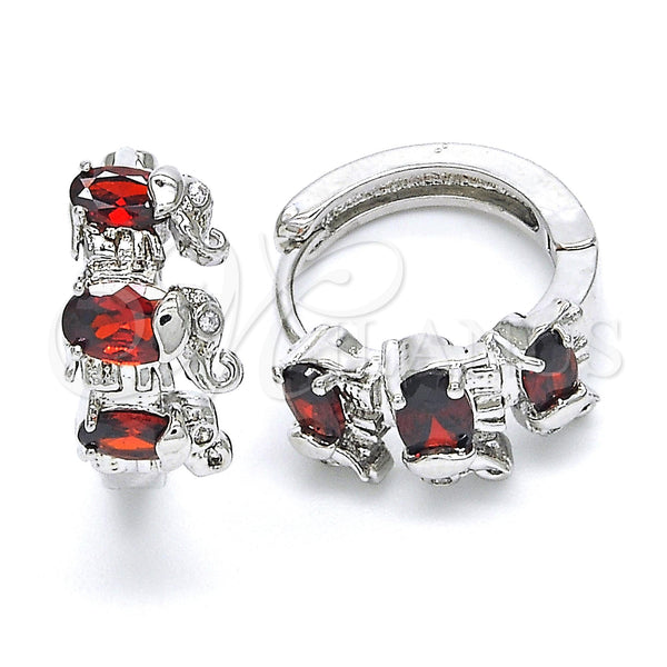 White Gold Filled Hoop Earrings — Huggie Hoop Elephant Design with Garnet and White — main product view — SKU 122643 | Oro Laminado Blanco aretes de aro — Huggie Hoop Elephant diseño with Garnet and blanco — SKU 122643