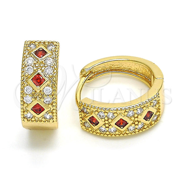 Oro Laminado Huggie Hoop, Gold Filled Style with Garnet and White Cubic Zirconia, Polished, Golden Finish, 02.210.0056.4.15