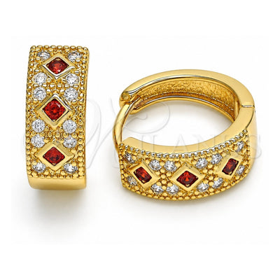 Oro Laminado Huggie Hoop, Gold Filled Style with Garnet Cubic Zirconia and White Micro Pave, Polished, Golden Finish, 02.210.0056.4.15