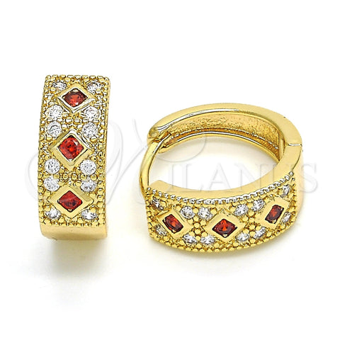Oro Laminado Huggie Hoop, Gold Filled Style with Garnet Cubic Zirconia and White Micro Pave, Polished, Golden Finish, 02.210.0056.4.15