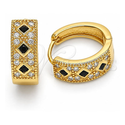 Oro Laminado Huggie Hoop, Gold Filled Style with Black Cubic Zirconia and White Micro Pave, Polished, Golden Finish, 02.210.0056.7.15