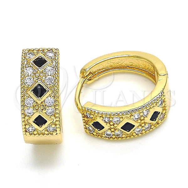 Oro Laminado Huggie Hoop, Gold Filled Style with Black Cubic Zirconia and White Micro Pave, Polished, Golden Finish, 02.210.0056.7.15
