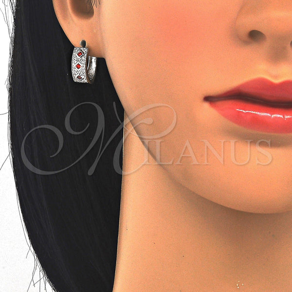White Gold Filled Hoop Earrings — Huggie Hoop with Garnet and White Cubic Zirconia — alternate product view — SKU 122667 | Oro Laminado Blanco aretes de aro — Huggie Hoop with Garnet and blanco Cubic Zirconia — SKU 122667