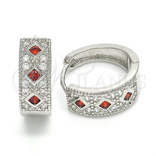 White Gold Filled Hoop Earrings — Huggie Hoop with Garnet and White Cubic Zirconia — main product view — SKU 122667 | Oro Laminado Blanco aretes de aro — Huggie Hoop with Garnet and blanco Cubic Zirconia — SKU 122667