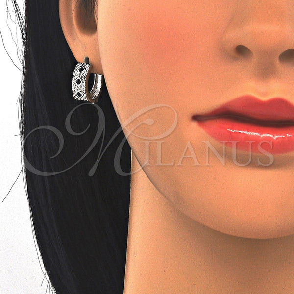 White Gold Filled Hoop Earrings — Huggie Hoop with Black and White Cubic Zirconia — alternate product view — SKU 122669 | Oro Laminado Blanco aretes de aro — Huggie Hoop with negro and blanco Cubic Zirconia — SKU 122669