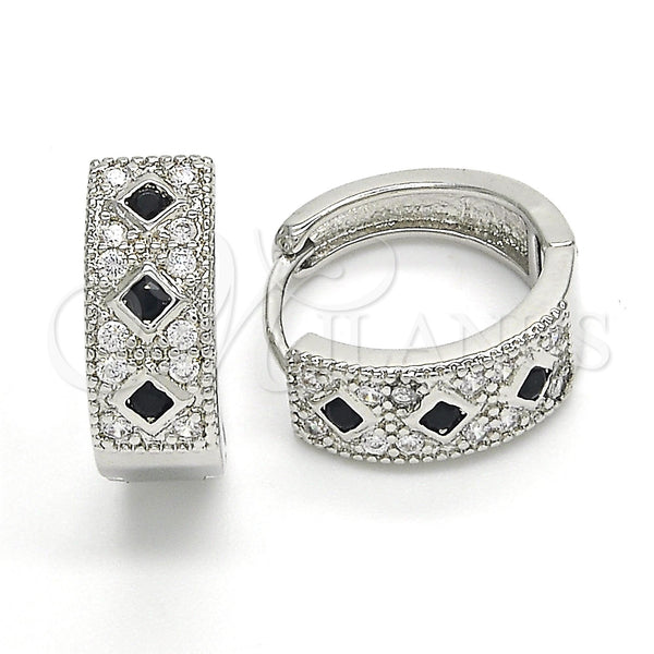 White Gold Filled Hoop Earrings — Huggie Hoop with Black and White Cubic Zirconia — main product view — SKU 122669 | Oro Laminado Blanco aretes de aro — Huggie Hoop with negro and blanco Cubic Zirconia — SKU 122669