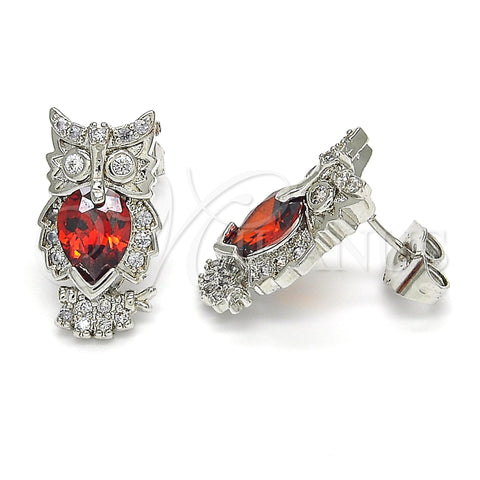 Rhodium Plated Stud Earring, Owl Design, with Garnet and White Cubic Zirconia, Polished, Rhodium Finish, 02.210.0161.5