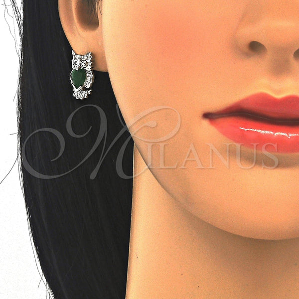 White Gold Filled Ring — Stud Earring Owl Design with Green and White — alternate product view — SKU 122676 | Oro Laminado Blanco anillo — Stud Earring Owl diseño with Green and blanco — SKU 122676