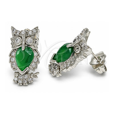 White Gold Filled Stud Earring, Owl Design, with Green and White Cubic Zirconia, Polished, Rhodium Finish, 02.210.0161.6