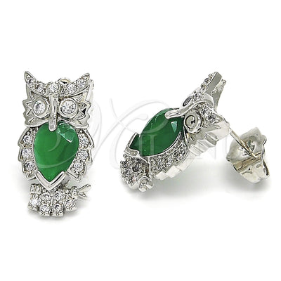 Rhodium Gold Filled Stud Earring, Owl Design, with Green and White Cubic Zirconia, Polished, Rhodium Finish for wholesale, main product view