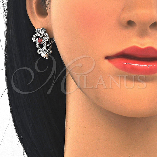 White Gold Filled Hoop Earrings — Huggie Hoop with Garnet and White Cubic Zirconia — alternate product view — SKU 122695 | Oro Laminado Blanco aretes de aro — Huggie Hoop with Garnet and blanco Cubic Zirconia — SKU 122695