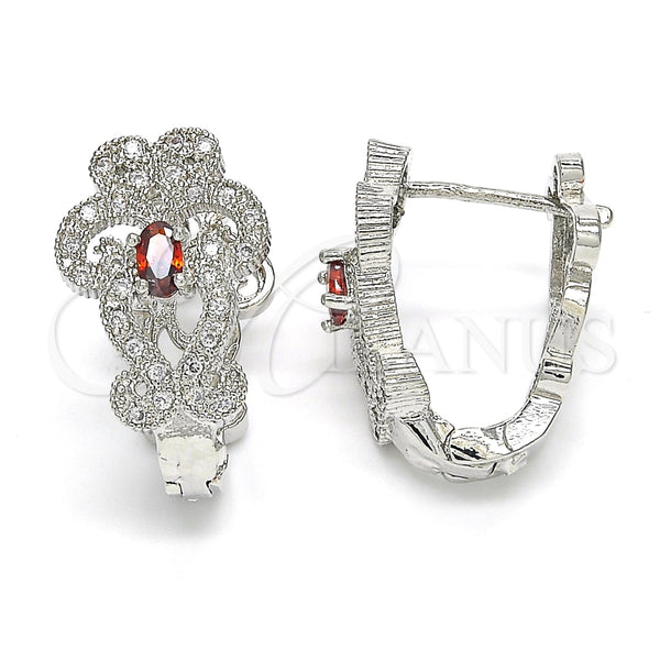 White Gold Filled Hoop Earrings — Huggie Hoop with Garnet and White Cubic Zirconia — main product view — SKU 122695 | Oro Laminado Blanco aretes de aro — Huggie Hoop with Garnet and blanco Cubic Zirconia — SKU 122695