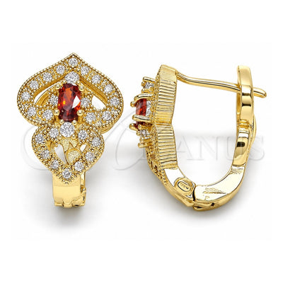 Oro Laminado Huggie Hoop, Gold Filled Style Heart Design, with Garnet and White Cubic Zirconia, Polished, Golden Finish, 02.217.0095.1.15