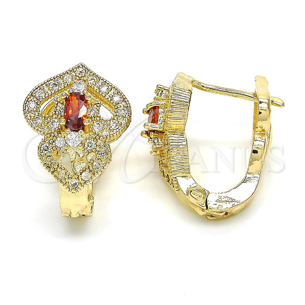 Gold Filled Hoop Earrings — Huggie Hoop Heart Design with Garnet and White — main product view — SKU 122696 | Oro Laminado aretes de aro — Huggie Hoop corazón diseño with Garnet and blanco — SKU 122696