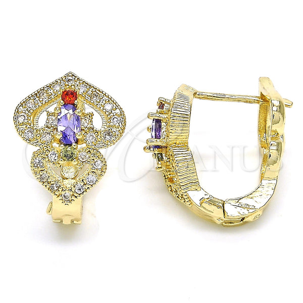 Gold Filled Hoop Earrings — Huggie Hoop Heart Design with Multicolor Cubic Zirconia — main product view — SKU 122698 | Oro Laminado aretes de aro — Huggie Hoop corazón diseño with Multicolor Cubic Zirconia — SKU 122698