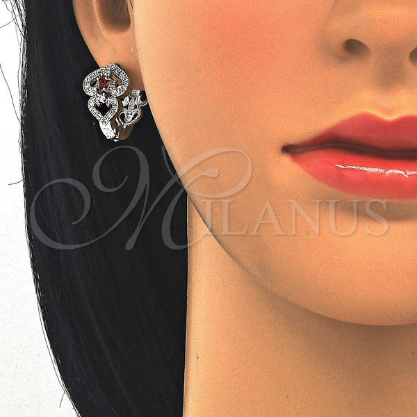 White Gold Filled Hoop Earrings — Huggie Hoop Heart Design with Garnet and White — alternate product view — SKU 122701 | Oro Laminado Blanco aretes de aro — Huggie Hoop corazón diseño with Garnet and blanco — SKU 122701