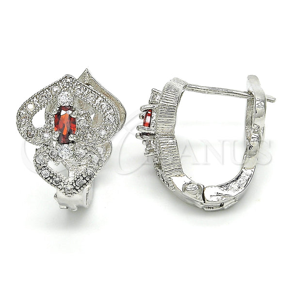 White Gold Filled Hoop Earrings — Huggie Hoop Heart Design with Garnet and White — main product view — SKU 122701 | Oro Laminado Blanco aretes de aro — Huggie Hoop corazón diseño with Garnet and blanco — SKU 122701