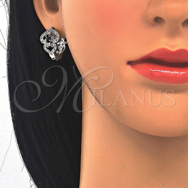 White Gold Filled Hoop Earrings — Huggie Hoop Heart Design with Black and White — alternate product view — SKU 122702 | Oro Laminado Blanco aretes de aro — Huggie Hoop corazón diseño with negro and blanco — SKU 122702