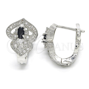 White Gold Filled Hoop Earrings — Huggie Hoop Heart Design with Black and White — main product view — SKU 122702 | Oro Laminado Blanco aretes de aro — Huggie Hoop corazón diseño with negro and blanco — SKU 122702