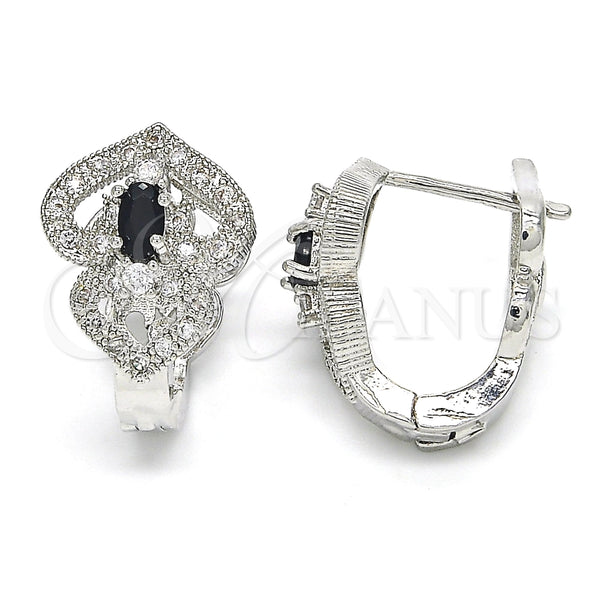 White Gold Filled Hoop Earrings — Huggie Hoop Heart Design with Black and White — main product view — SKU 122702 | Oro Laminado Blanco aretes de aro — Huggie Hoop corazón diseño with negro and blanco — SKU 122702