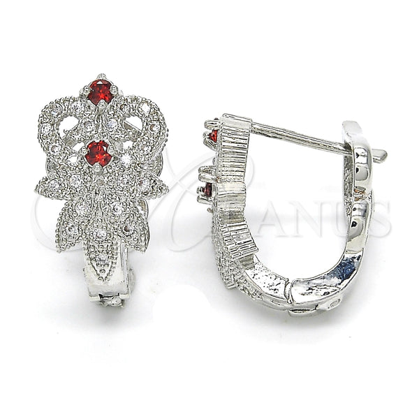 White Gold Filled Hoop Earrings — Huggie Hoop with Garnet and White Cubic Zirconia — main product view — SKU 122708 | Oro Laminado Blanco aretes de aro — Huggie Hoop with Garnet and blanco Cubic Zirconia — SKU 122708