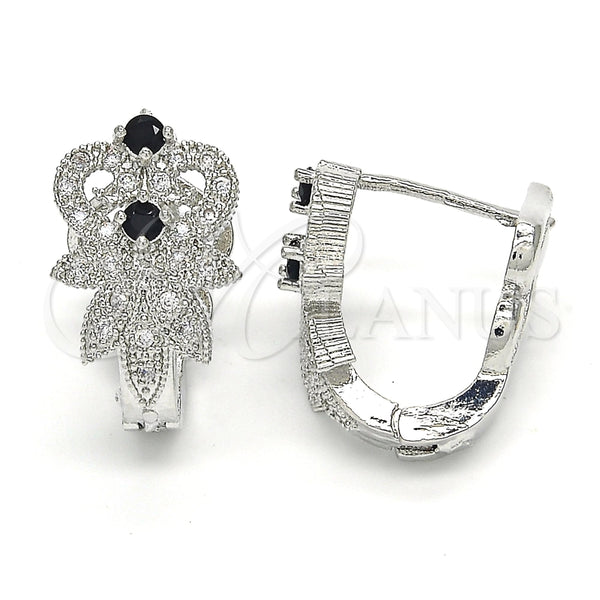 White Gold Filled Hoop Earrings — Huggie Hoop with Black and White Cubic Zirconia — main product view — SKU 122709 | Oro Laminado Blanco aretes de aro — Huggie Hoop with negro and blanco Cubic Zirconia — SKU 122709