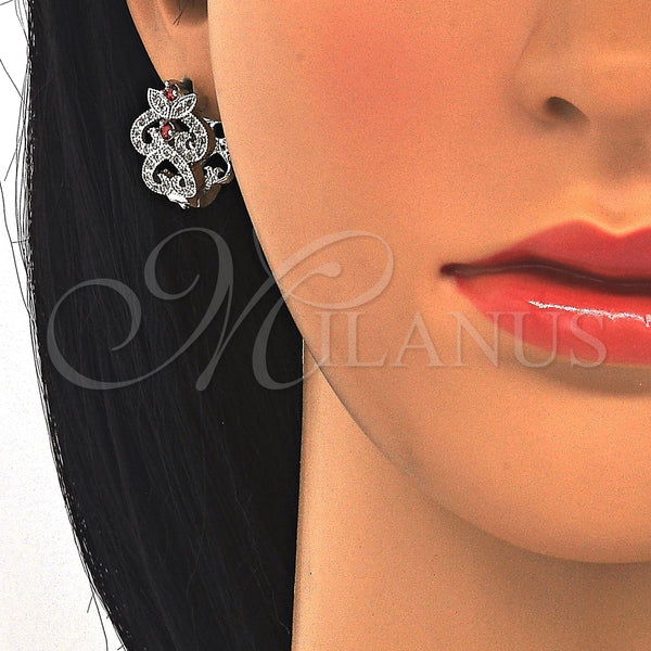 White Gold Filled Hoop Earrings — Huggie Hoop with Garnet and White Cubic Zirconia — alternate product view — SKU 122715 | Oro Laminado Blanco aretes de aro — Huggie Hoop with Garnet and blanco Cubic Zirconia — SKU 122715