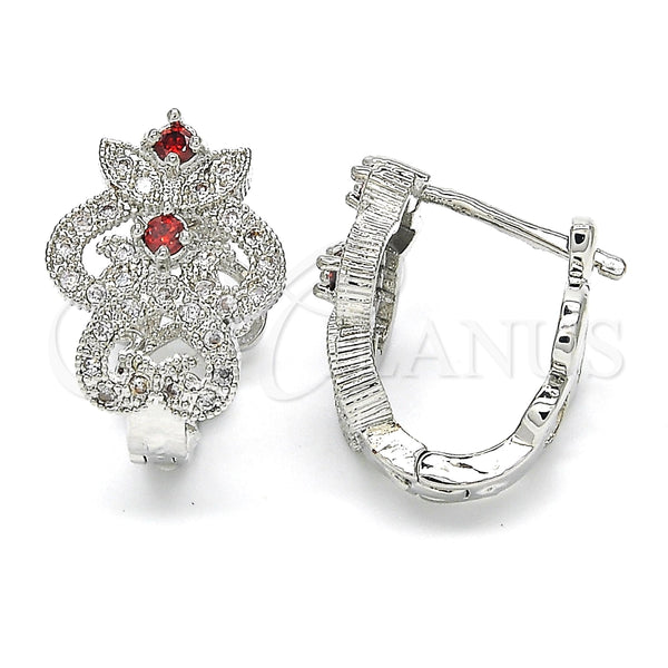 White Gold Filled Hoop Earrings — Huggie Hoop with Garnet and White Cubic Zirconia — main product view — SKU 122715 | Oro Laminado Blanco aretes de aro — Huggie Hoop with Garnet and blanco Cubic Zirconia — SKU 122715