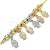 Oro Laminado Charm Bracelet, Gold Filled Style Hand of God Design, Polished, Tricolor, 03.63.1906.1.08 (8 Inches Length)