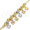 Oro Laminado Charm Bracelet, Gold Filled Style Heart and Love Design, Polished, Tricolor, 03.63.1907.1.08 (04 MM Thickness, 8 Inches Length)