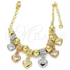 Oro Laminado Charm Bracelet, Gold Filled Style Heart and Love Design, Polished, Tricolor, 03.63.1907.1.08 (04 MM Thickness, 8 Inches Length)